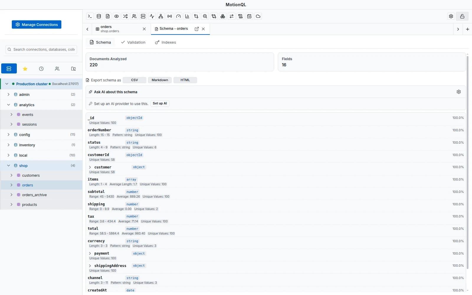 MotionQL schema analysis listing fields with types, frequency and value statistics
